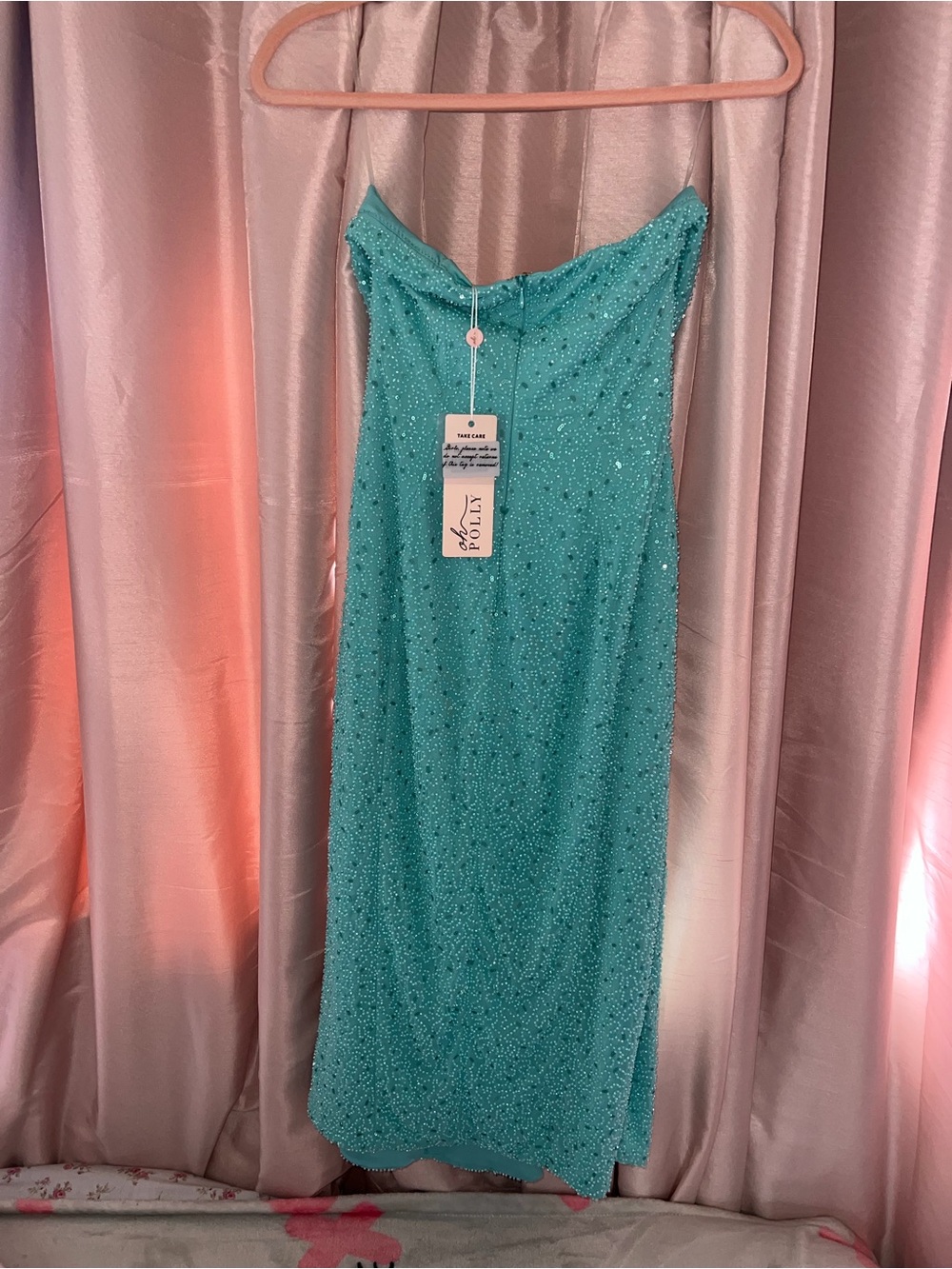 Oh Polly Turquoise Sequin Cowl Neck Girls Dress - Picture 4 of 5